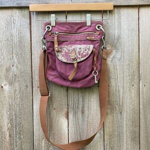 Fossil Vintage Floral Patchwork Canvas Leather Shoulder+Crossbody+Messenger Bag